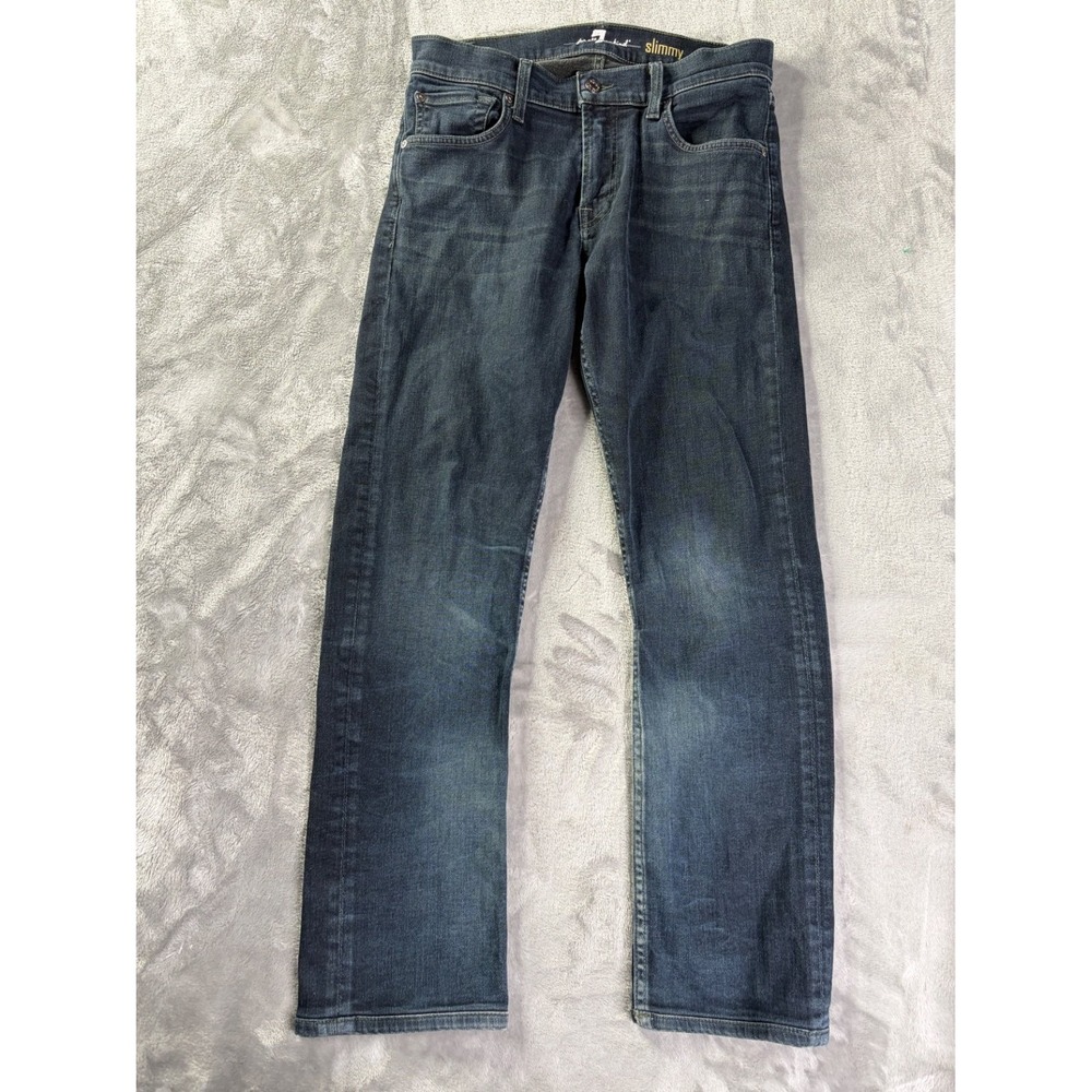 VTG USA 7 For All Mankind Jeans Slimmy Mens 31x28 Blue Embroidered Stretch